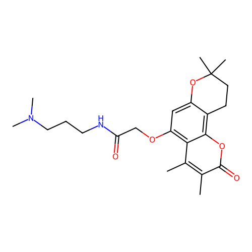 N-(3-(dimethylamino)propyl)-2-((3,4,8,8-tetramethyl-2-oxo-2,8,9,10-tetrahydropyrano[2,3-f]chromen-5-yl)oxy)acetamide structure