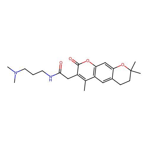 N-(3-(dimethylamino)propyl)-2-(4,8,8-trimethyl-2-oxo-2,6,7,8-tetrahydropyrano[3,2-g]chromen-3-yl)acetamide structure