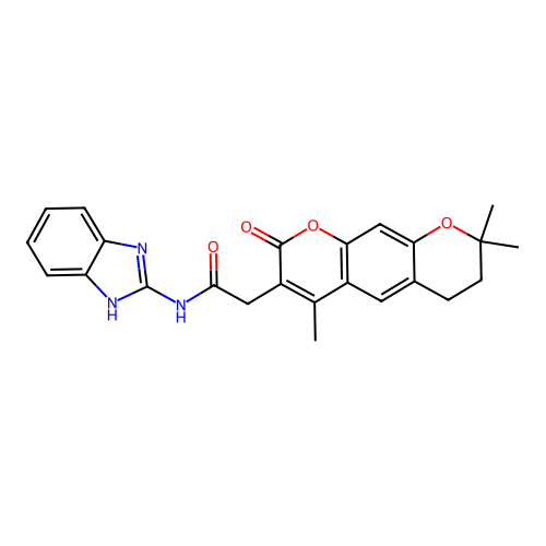 N-(1H-benzo[d]imidazol-2-yl)-2-(4,8,8-trimethyl-2-oxo-2,6,7,8-tetrahydropyrano[3,2-g]chromen-3-yl)acetamide structure