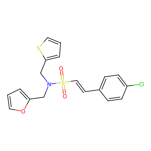 (E)-2-(4-chlorophenyl)-N-(furan-2-ylmethyl)-N-(thiophen-2-ylmethyl)ethenesulfonamide structure