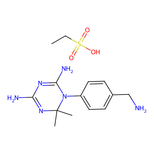 1-[4-(aminomethyl)phenyl]-6,6-dimethyl-1,3,5-triazine-2,4-diamine; ethanesulfonic acid structure