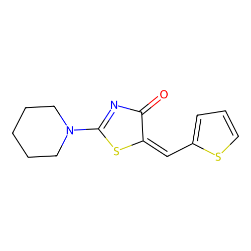 (5E)-2-piperidin-1-yl-5-(thiophen-2-ylmethylidene)-1,3-thiazol-4-one structure