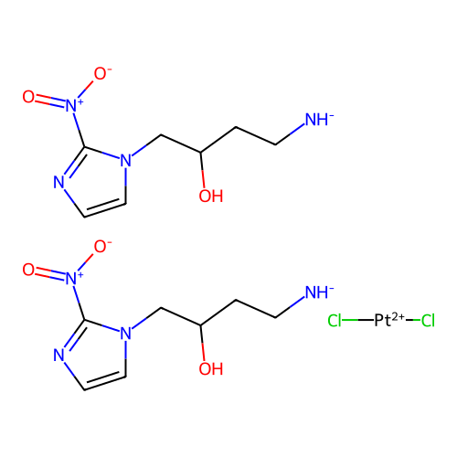 Dichloroplatinum(2+);bis([3-hydroxy-4-(2-nitroimidazol-1-yl)butyl]azanide) structure