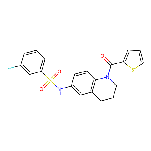 3-fluoro-N-[1-(thiophene-2-carbonyl)-1,2,3,4-tetrahydroquinolin-6-yl]benzene-1-sulfonamide structure