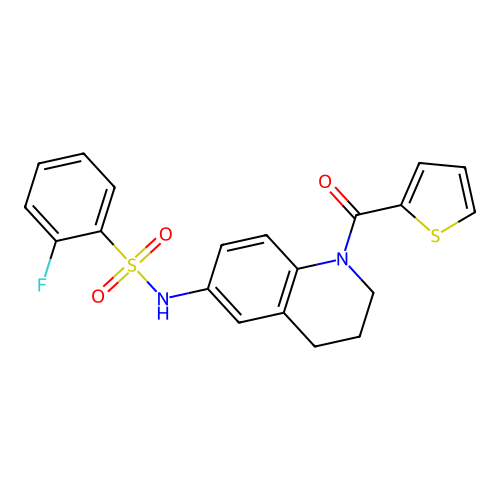 2-fluoro-N-[1-(thiophene-2-carbonyl)-1,2,3,4-tetrahydroquinolin-6-yl]benzene-1-sulfonamide structure