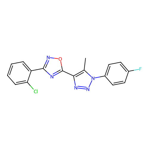3-(2-chlorophenyl)-5-[1-(4-fluorophenyl)-5-methyl-1H-1,2,3-triazol-4-yl]-1,2,4-oxadiazole structure