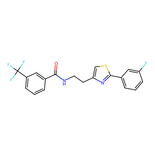 N-{2-[2-(3-fluorophenyl)-1,3-thiazol-4-yl]ethyl}-3-(trifluoromethyl)benzamide structure