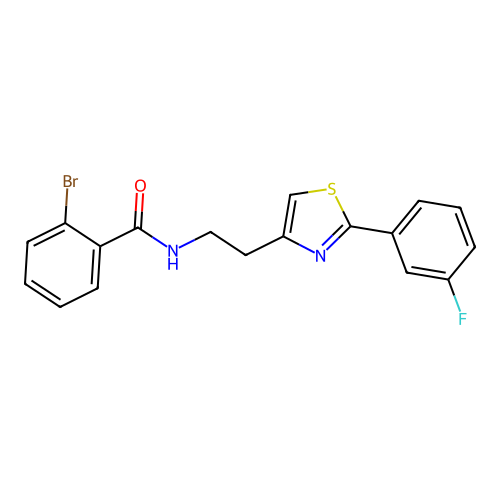 2-bromo-N-[2-[2-(3-fluorophenyl)-1,3-thiazol-4-yl]ethyl]benzamide structure
