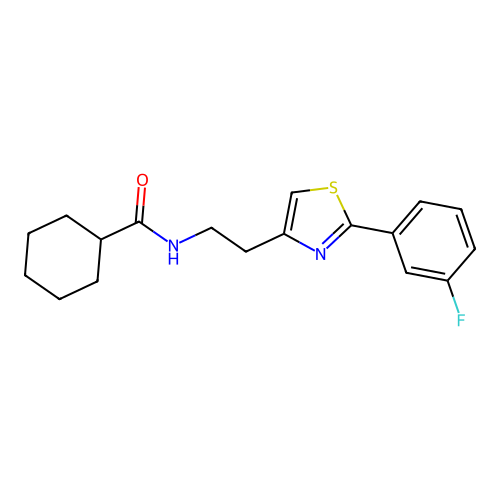 N-{2-[2-(3-fluorophenyl)-1,3-thiazol-4-yl]ethyl}cyclohexanecarboxamide structure