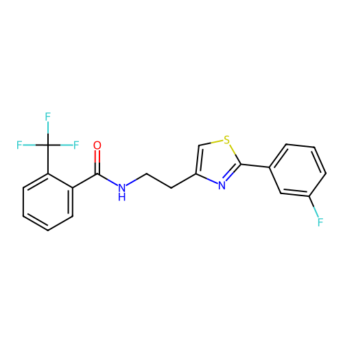 N-[2-[2-(3-fluorophenyl)-1,3-thiazol-4-yl]ethyl]-2-(trifluoromethyl)benzamide structure