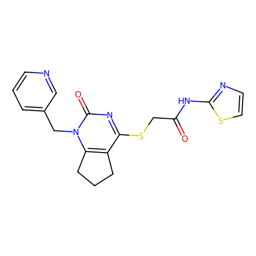 2-({2-oxo-1-[(pyridin-3-yl)methyl]-1H,2H,5H,6H,7H-cyclopenta[d]pyrimidin-4-yl}sulfanyl)-N-(1,3-thiazol-2-yl)acetamide structure
