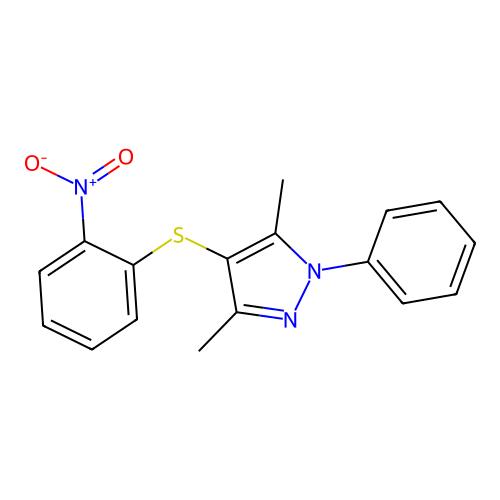 3,5-dimethyl-4-((2-nitrophenyl)thio)-1-phenyl-1H-pyrazole structure