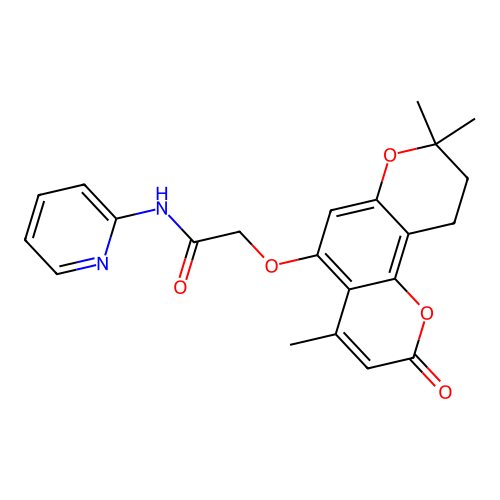 N-(pyridin-2-yl)-2-((4,8,8-trimethyl-2-oxo-2,8,9,10-tetrahydropyrano[2,3-f]chromen-5-yl)oxy)acetamide structure