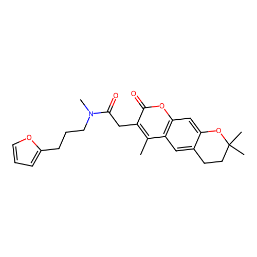N-(3-(furan-2-yl)propyl)-N-methyl-2-(4,8,8-trimethyl-2-oxo-2,6,7,8-tetrahydropyrano[3,2-g]chromen-3-yl)acetamide structure