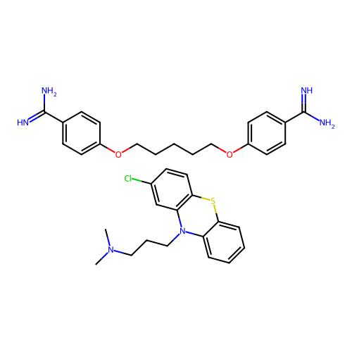 4-[5-(4-carbamimidoylphenoxy)pentoxy]benzenecarboximidamide;3-(2-chlorophenothiazin-10-yl)-N,N-dimethylpropan-1-amine structure