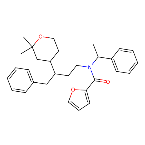 N-[3-(2,2-dimethyloxan-4-yl)-4-phenyl-butyl]-N-(1-phenylethyl)furan-2-carboxamide structure