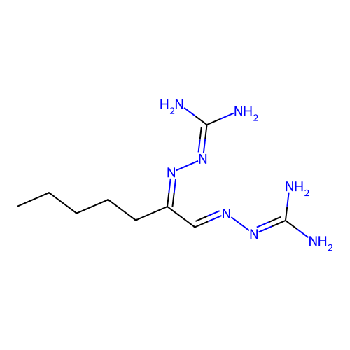 2-[1-(Diaminomethylidenehydrazinylidene)heptan-2-ylideneamino]guanidine structure