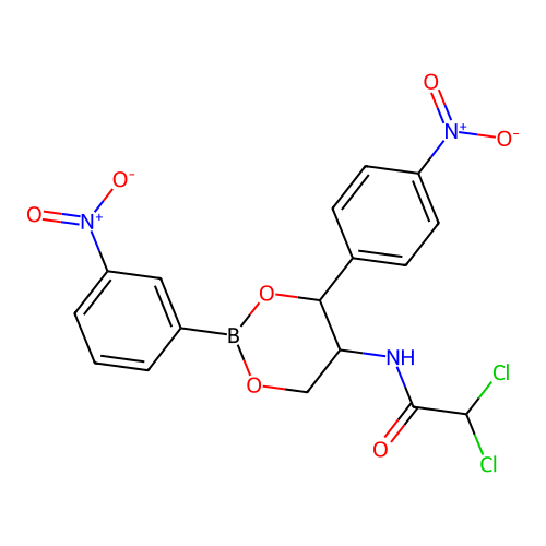 2,2-dichloro-N-[2-(3-nitrophenyl)-4-(4-nitrophenyl)-1,3,2-dioxaborinan-5-yl]acetamide structure