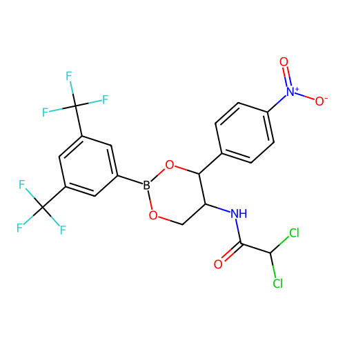 N-[2-[3,5-bis(trifluoromethyl)phenyl]-4-(4-nitrophenyl)-1,3,2-dioxaborinan-5-yl]-2,2-dichloroacetamide structure
