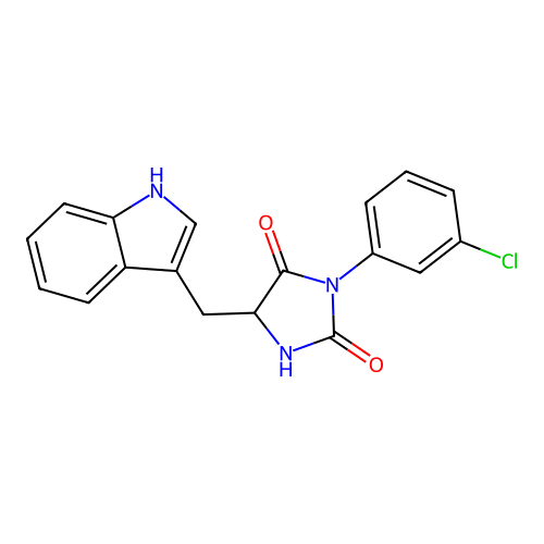 3-(3-chlorophenyl)-5-(1H-indol-3-ylmethyl)imidazolidine-2,4-dione structure