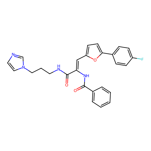 N-[(1Z)-1-[5-(4-fluorophenyl)furan-2-yl]-3-{[3-(1H-imidazol-1-yl)propyl]amino}-3-oxoprop-1-en-2-yl]benzamide structure