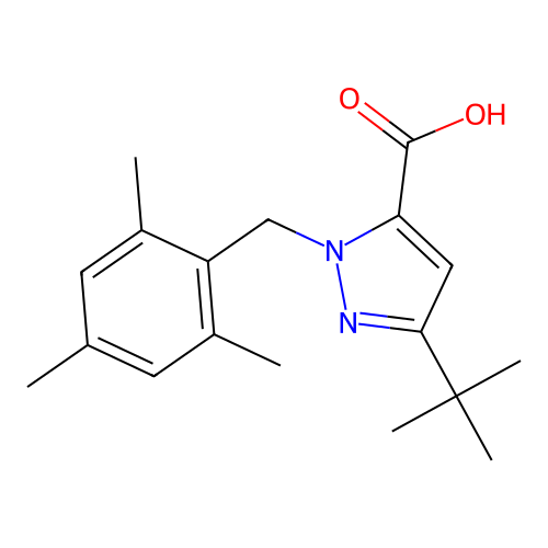 5-Tert-butyl-2-[(2,4,6-trimethylphenyl)methyl]pyrazole-3-carboxylic acid structure