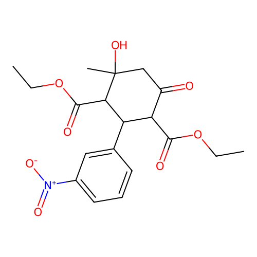Diethyl 4-hydroxy-4-methyl-2-(3-nitrophenyl)-6-oxocyclohexane-1,3-dicarboxylate structure