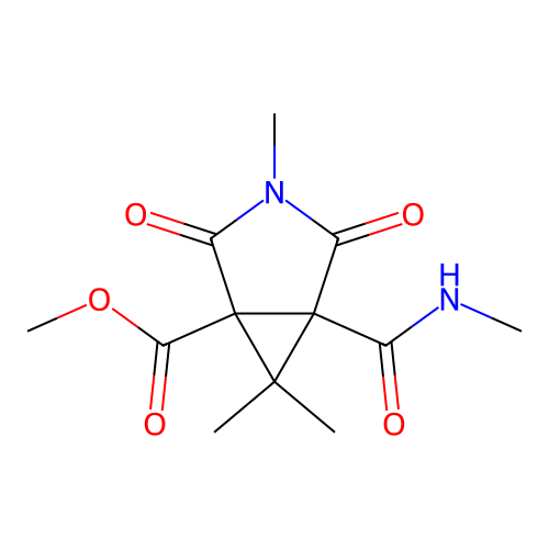 methyl 3,6,6-trimethyl-5-(methylcarbamoyl)-2,4-dioxo-3-azabicyclo[3.1.0]hexane-1-carboxylate structure