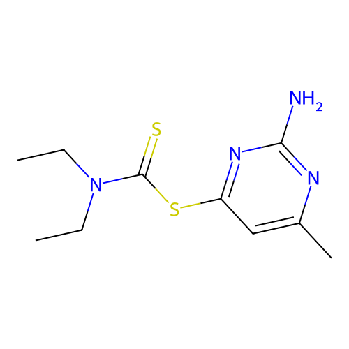 (2-Amino-6-methylpyrimidin-4-ylthio)(diethylamino)methane-1-thione structure