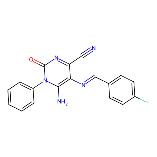 5-{[(4-fluorophenyl)methylidene]amino}-6-imino-2-oxo-1-phenyl-1,2,3,6-tetrahydropyrimidine-4-carbonitrile structure