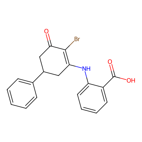 2-((2-Bromo-3-oxo-5-phenylcyclohex-1-enyl)amino)benzoic acid structure