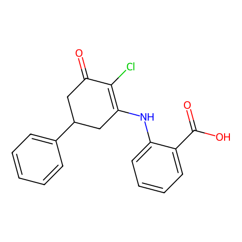 2-[(2-Chloro-3-oxo-5-phenylcyclohex-1-en-1-yl)amino]benzoic acid structure