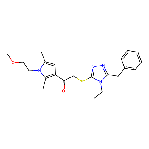 2-[(5-benzyl-4-ethyl-1,2,4-triazol-3-yl)sulfanyl]-1-[1-(2-methoxyethyl)-2,5-dimethylpyrrol-3-yl]ethanone structure