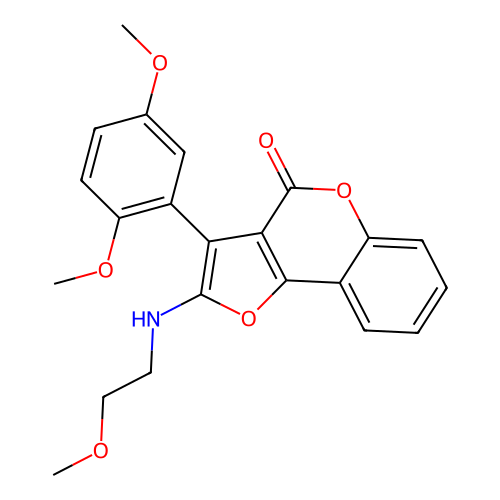 3-(2,5-dimethoxyphenyl)-2-((2-methoxyethyl)amino)-4H-furo[3,2-c]chromen-4-one structure