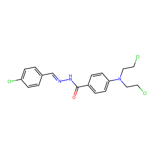 4-[bis(2-chloroethyl)amino]-N-[(4-chlorophenyl)methylideneamino]benzamide structure