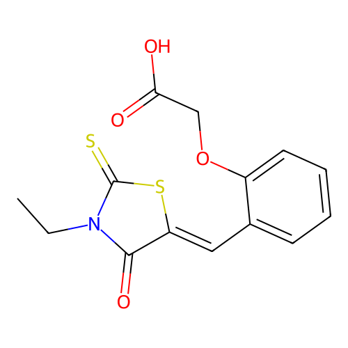 {2-[(3-ethyl-4-oxo-2-thioxo-1,3-thiazolidin-5-ylidene)methyl]phenoxy}acetic acid structure