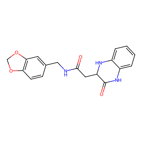 N-(1,3-benzodioxol-5-ylmethyl)-2-(3-oxo-2,4-dihydro-1H-quinoxalin-2-yl)acetamide structure
