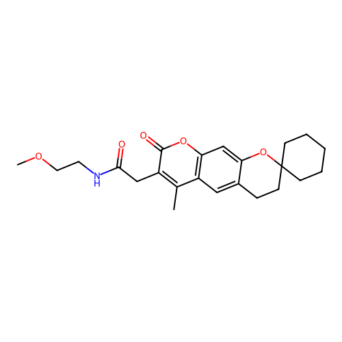 N-(2-methoxyethyl)-2-(6'-methyl-8'-oxo-4',8'-dihydro-3'H-spiro[cyclohexane-1,2'-pyrano[3,2-g]chromen]-7'-yl)acetamide structure