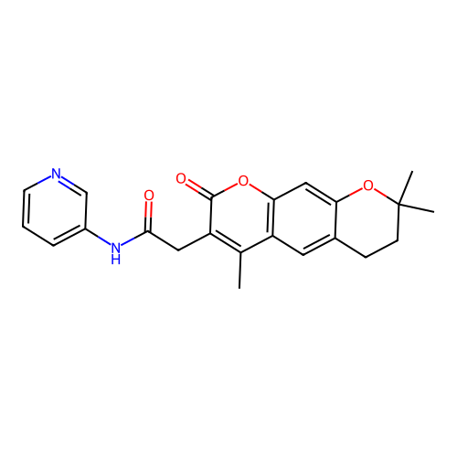N-(pyridin-3-yl)-2-(4,8,8-trimethyl-2-oxo-2,6,7,8-tetrahydropyrano[3,2-g]chromen-3-yl)acetamide structure