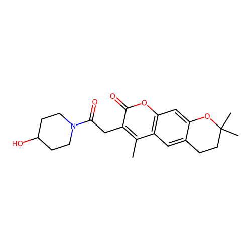 3-(2-(4-hydroxypiperidin-1-yl)-2-oxoethyl)-4,8,8-trimethyl-7,8-dihydropyrano[3,2-g]chromen-2(6H)-one structure