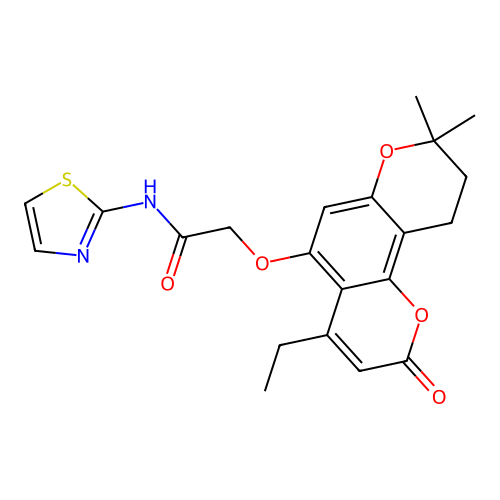 2-((4-ethyl-8,8-dimethyl-2-oxo-2,8,9,10-tetrahydropyrano[2,3-f]chromen-5-yl)oxy)-N-(thiazol-2-yl)acetamide structure