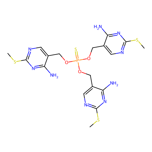 O,O,O-tris{[4-amino-2-(methylsulfanyl)pyrimidin-5-yl]methyl} phosphorothioate structure