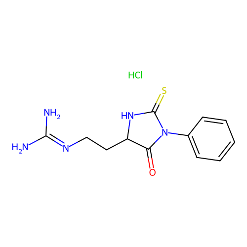 (2-(5-Oxo-1-phenyl-2-thioxoimidazolidin-4-yl)ethyl)guanidine monohydrochloride structure
