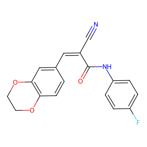 2-cyano-3-(2,3-dihydro-1,4-benzodioxin-6-yl)-N-(4-fluorophenyl)prop-2-enamide structure