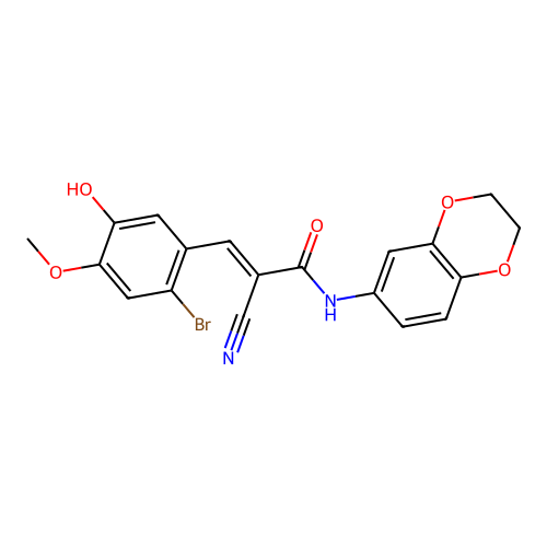 (E)-3-(2-bromo-5-hydroxy-4-methoxyphenyl)-2-cyano-N-(2,3-dihydro-1,4-benzodioxin-6-yl)prop-2-enamide structure
