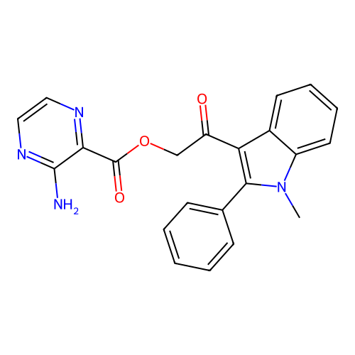 2-(1-methyl-2-phenyl-1H-indol-3-yl)-2-oxoethyl 3-aminopyrazine-2-carboxylate structure