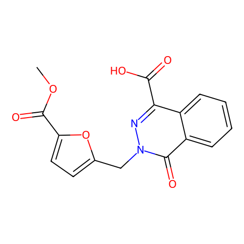 3-{[5-(methoxycarbonyl)furan-2-yl]methyl}-4-oxo-3,4-dihydrophthalazine-1-carboxylic acid structure