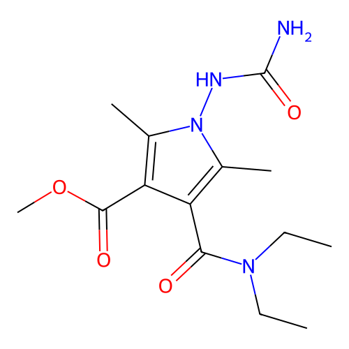 Methyl 1-(carbamoylamino)-4-(diethylcarbamoyl)-2,5-dimethylpyrrole-3-carboxylate structure