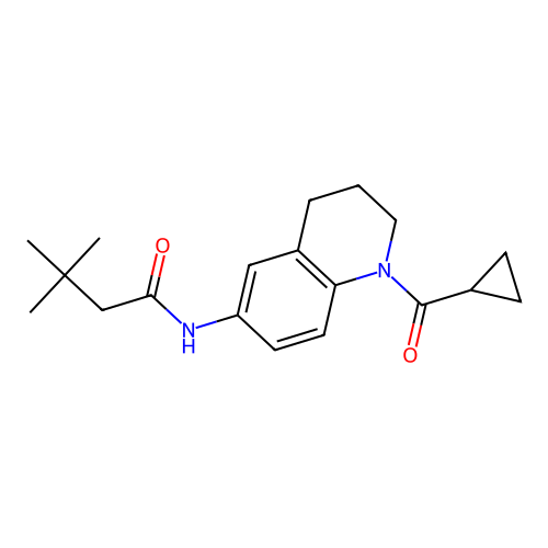 N-[1-(cyclopropanecarbonyl)-3,4-dihydro-2H-quinolin-6-yl]-3,3-dimethylbutanamide structure