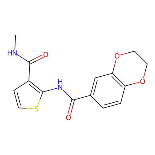 N-[3-(methylcarbamoyl)thiophen-2-yl]-2,3-dihydro-1,4-benzodioxine-6-carboxamide structure